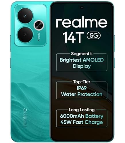 Realme 14T 5G 8GB RAM 256GB ROM (Surf Green) Elegant Colors, Luxurious Design Amoled Display, IP69 Water Resistance