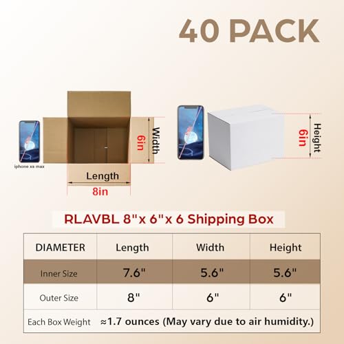 Image of RLAVBL 8x6x6 Shipping Boxes Set of 40, White Corrugated Cardboard Box for Packing, Mailing, Business