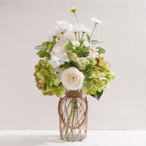 Image of SUNNY BROOK Artificial Flowers in Clear Vase, Spring Fake Hydrangea & Dusty Miller Bouquet with Pot, Spring Faux Floral Arrangement for Home Spring Décor Dining Coffee Table Centerpiece Decor, White