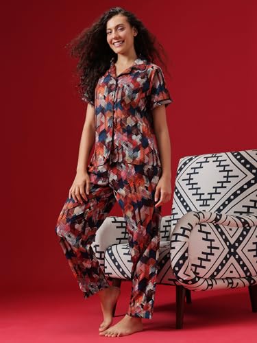 Image of Clovia Women's Cotton Printed Button Down Shirt & Pyjama Night Suit Set