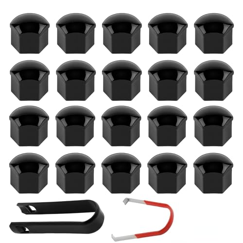 Unikeen 17 mm Tapones Tornillos Ruedas Coche, 20 Piezas Tapas para Tuercas de Rueda Perno Rueda Ruedas Cubierta Tuerca Tapones para Tornillos de Rueda con Herramienta de Extracción (Negro)