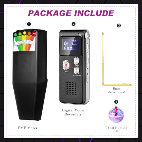 Image of Dunzy 8 Pcs Ghost Hunting Equipment Kit Paranormal Entertainment Equipment Tester Includes 1 Emf Reader Meter Digital 1 Voice Recorder 2 Pcs Copper Dowsing Rod 4 LED Motion Activated Cat Ball for Home