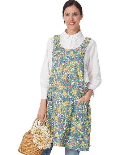 Image of Cozy Adjustable Cross Back Aprons for Women with Pockets Cotton Linen Cooking Kitchen Baking
