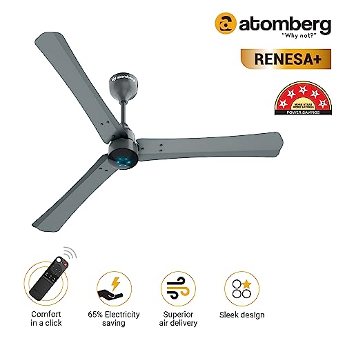 Image of atomberg Renesa+ 1200mm BLDC Motor 5 Star Rated Ceiling Fans for Home with Remote Control (Sand Grey) Efficio 200mm (sweep size) BLDC motor Energy Saving Exhaust Fan (White)