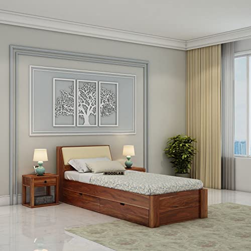 Image of WOODLAB Furniture Single Size Bed with Headboard and Drawer Storage Wooden Single Cot Bed for Bedroom Home (Honey Finish)