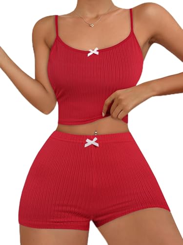 Image of Hilinker Womens Graphic 2 Piece Pajama Set Summer Cute Crop Cami and Shorts Ribbed Lounge Sets