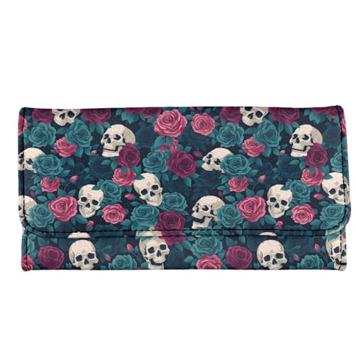Image of AFPANQZ Women Wallet Soft Leather Designe, Skull Green Pink Rose RFID Blocking Large Capacity Shopping Outdoor Vintage Phone Holder Pockets
