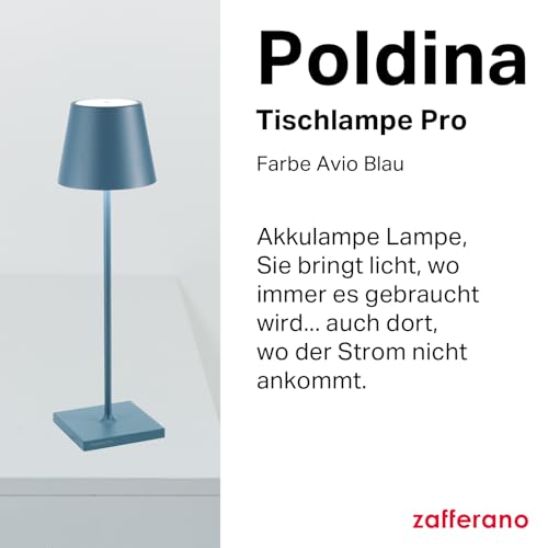 Zafferano, Poldina Pro Lampe, Kabellose, Wiederaufladbare Tischlampe mit Touch Control, Auch für den Außenbereich Geeignet, Dimmer, 2200-3000 K, Höhe 38 cm, Farbe Avio Blau
