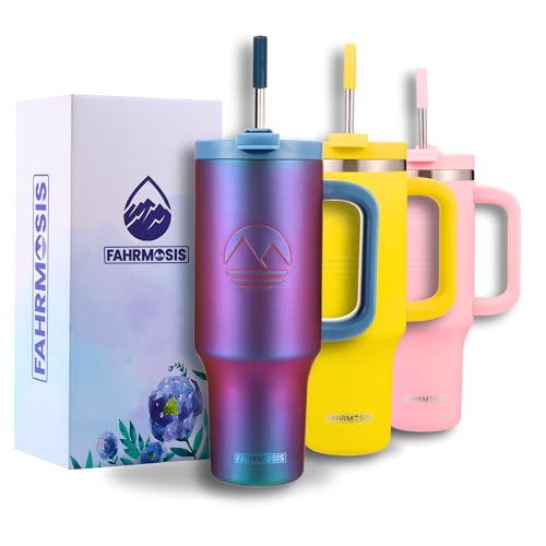 FAHRMOSIS 40 Oz Tumbler with Handle and Straw Insulated Cup that Fits in Cup Holder for Hot & Cold Drinks Leak Proof Tumbler with Straw Stainless Steel Travel Mug for Men & Women - Violet