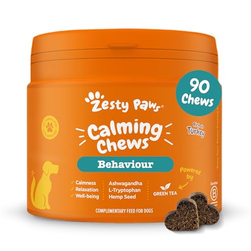Zesty Paws Calming Treats for Dogs | Helps with Separation Anxiety Stress & Hyperactivity Supports Wellbeing & Relaxation | Contains Green Tea Ashwagandha L-Tryptophan | Daily Use | 90 Chews