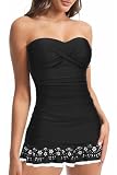 Holipick Women's Black Floral Tummy Control One Piece Swim Dress Strapless Swimsuit Bandeau Skirted Bathing Suits XL