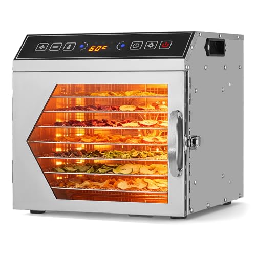 Food Dehydrator,400W 8-Tray Stainless Steel Food Dryer with 8 Silicone Mats,Adjustable Timer & Temperature 30-90°C,for Fruit Meat Biltong Jerky Vegetables Herbs Pet Treats,BPA-Free