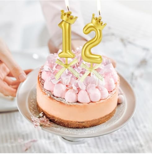 Image of Number Candles with Crown 3 inch for Birthday Parties, Wedding, Engagement, Celebrations, Theme Party Cake Decoration Gold (Numerical No 12 or 21)