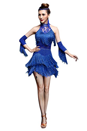 Z&X Women's Rhinestone Tassel Flapper Latin Rumba Dance Dress 4 Pieces Outfits Large Royal Blue, Tag L, Fit 6-8
