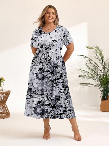 Image of LARACE Plus Size Dresses for Women Summer Casual Short Sleeve Long Dress Flowy Maxi Beach Dresses with Pockets L-6XL