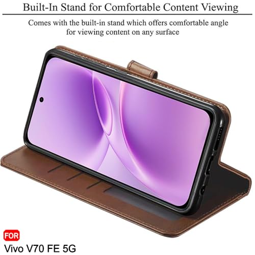 Image of TheGiftKart Genuine Leather Finish Flip Back Cover Case for Vivo V70 FE 5G | Inbuilt Pockets & Stand | Wallet Style | Designer Button Magnet Flip Back Cover Case (Faux Leather, Brown)