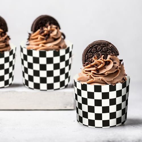 JarThenaAMCS 100Pcs Plaid Paper Baking Cups White Black Checkered Cupcake Wrappers Scalloped Edge Cupcake Muffin Cases for Race Car Party Supplies by JarThenaAMCS - Used condition - Image 4