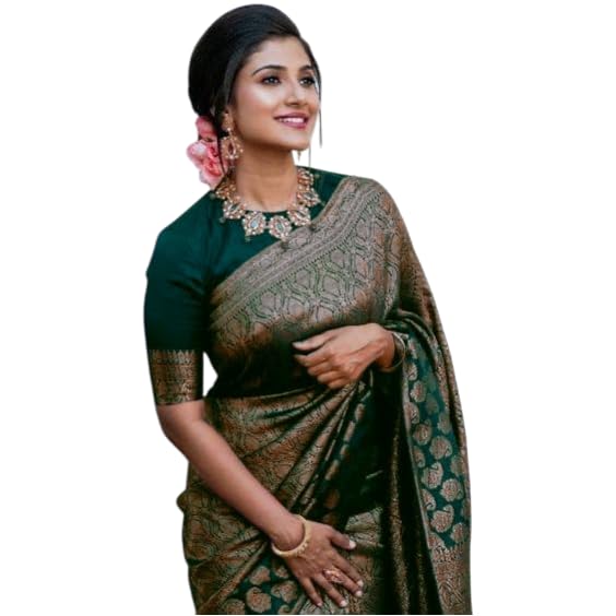 Flosive Banarasi Women's Soft Lichi Silk Saree Beautiful Jacquard Rich Pallu Design Work Zari Woven Kanjivaram Silk Saree Style Saree with Soft Lichi Silk Blouse