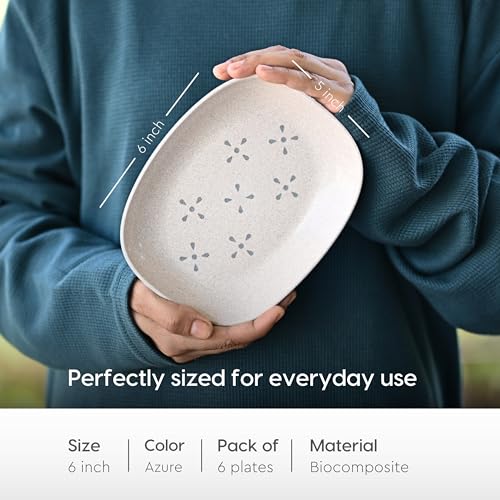 Eha Earth-Friendly Small Snack Serving Plates Set of 6 with Spoons | 6 inch | Small Snack Plates Made with Bamboo Fibers & Rice Husk Fiber | Microwave Safe | Dessert Plates | Azure