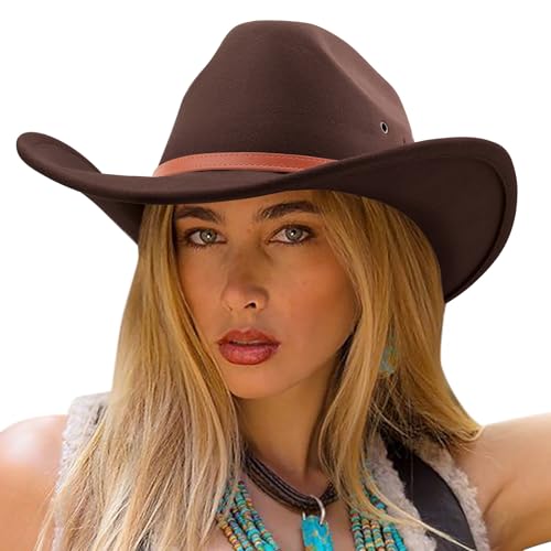 DRESHOW Cowboyhut für Damen & Herren Viehzüchter Western Fedora Filzhut Cowgirlhut mit Breite Krempe und Schnallengürtel Unisex Aufrollbare Krempe Hut