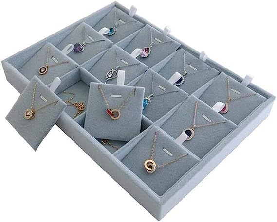 Image of 12 Slot Pendant Earring Card Tray Grey Velvet Jewelry Drawer Organizer Tray Stackable
