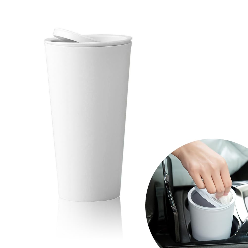 Mini Leakproof Car Trash Can with Lid, 400ML, White, Polypropylene