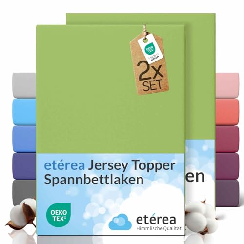 etérea 2er Set Topper Spannbettlaken 90x200-100x200 cm - Oekotex Made in Green - Comfort Jersey Spannbetttuch - 100% Baumwolle atmungsaktiv & bügelfrei - Bettlaken 90x200 cm - 100x200 cm - Jade