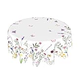 Kawani Spring Summer Floral Round Tablecloth 60 Inch Wildflower Leaf Butterfly Table Cloth Rustic Vintage Farmhouse Polyester Cover Decorative for Easter Holiday Indoor Outdoor Kitchen Dining Party
