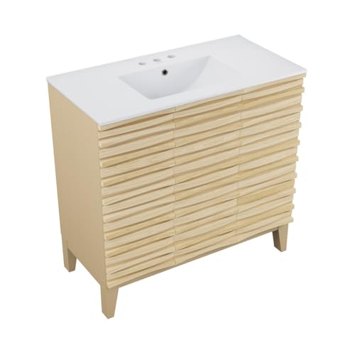 Image of Swiss Madison Cascade 36 in. Natural Oak Bathroom Vanity with White, 3-Hole Ceramic Sink Top