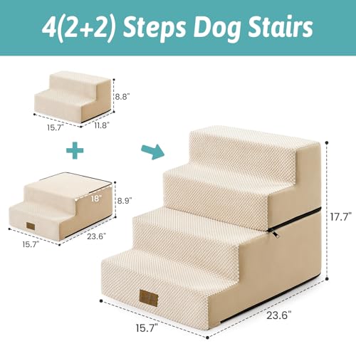 Image of COZY KISS Dog Stairs for Small Dogs, 4 Step Pet Stairs for Beds & Couches | 17.7 inch H Wide Non-Slip Dog Steps with Removable Tiers & Support Board for Puppies, Older Cats & Dogs, Beige