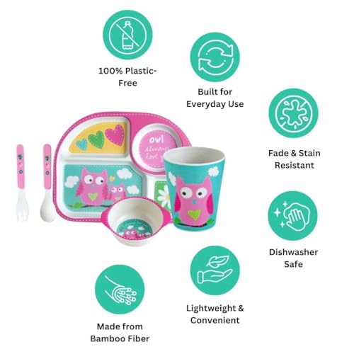 Image of Bamboo Kids Feeding Set of 5 |Kids Crockery Set Tableware |Baby Utensils and Dishes Set | Eco-Friendly |Organic & Natural (Observant Owl..)