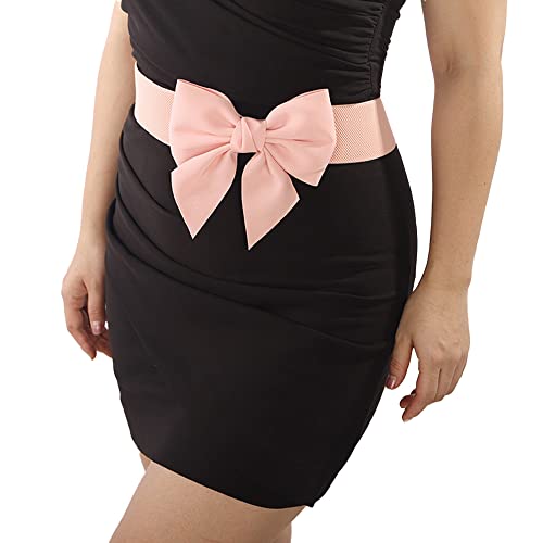 Jumwrit Women Big Bowknot Waist Belt Wide Elastic Cinch Belt Solid Color Vintage Waistband Cute Wedding Party Dress Belt Accessory Fashion Lady Stretchy Belt(Pink)2