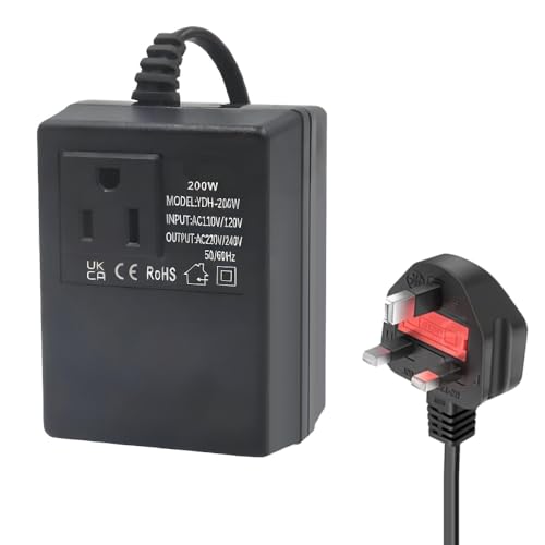 XEERUN 200W Step Down Power Voltage Converter Transformer, Step Down Transformer 220V/240V to 110V/120V, 200W US to UK Voltage Converter with Smart Temperature-Protected for Travel Hotel Household