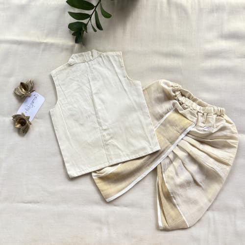 Image of Picksparrow Baby Boy Cotton Silk-Tissue Kasavu Cotton Shirt with Dhoti pant (Peacock-Sleeveless)