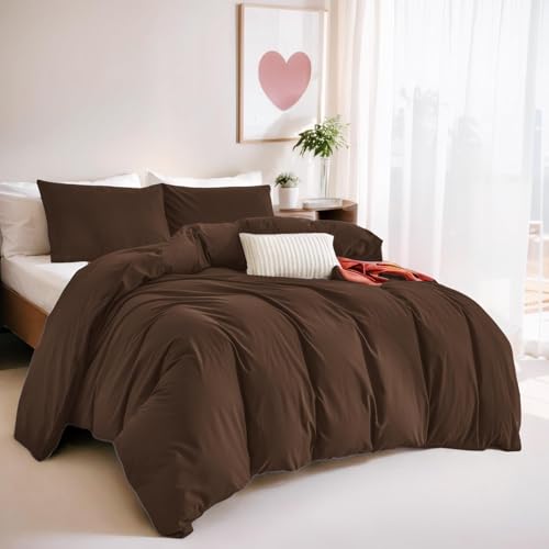 Michorinee Housse de Couette 220x240 Marron Foncé Chocolat Parure de Lit Adulte 2 Personnes Sommier en Microfibre Linge de lit avec 2 Taies d'oreiller 65x65...