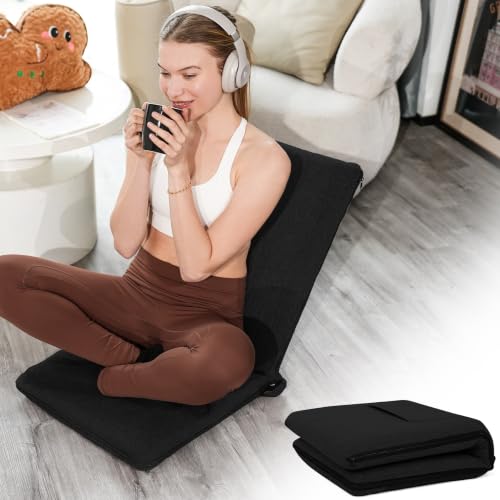 Image of FASTMOMENT Floor Chair with Back Support Adjustable Meditation Chair with 14 Positions Portable Ground Seating for Adults Foldable Floor Seat for Meditation Yoga (Thicker Sponge Version, Black)