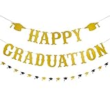 Happy Graduation Banner Gold Glitter 2023 Graduation Banner Gold Happy Graduation Decorations 2023 and Graduation Cap Garland for College 2023 Graduation Party Decorations Supplies