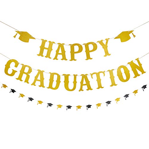 Happy Graduation Banner Gold Glitter 2023 Graduation Banner Gold Happy Graduation Decorations 2023 and Graduation Cap Garland for College 2023 Graduation Party Decorations Supplies