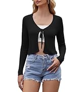 Women's Tie Front Short Shrug Tops V Neck Open Front Cardigan Long Sleeve Ribbed Knit Sweater