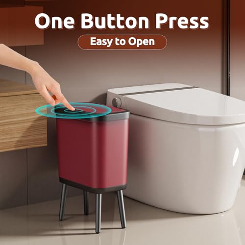 Image of Slim Kitchen Trash Can with Legs, 4 Gallon Bathroom Wastebasket with Press Top Lid, Rectangle Red Garbage Can with Lid, Small Plastic Trash Can for Toilet, Bedroom, Living Room, Dorm