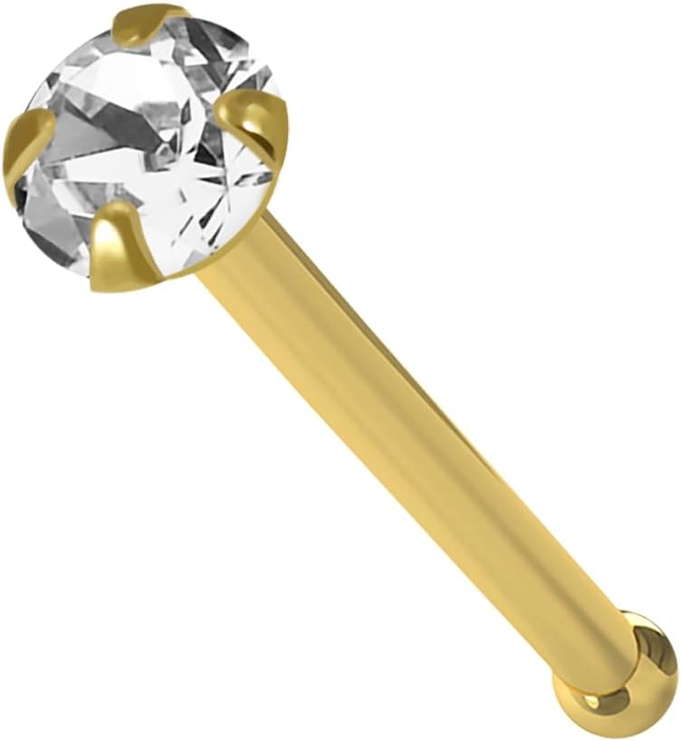 Clear Genuine Crystal Stone 9ct Solid Yellow Gold 22 Gauge - 6MM Length Nose Bone Nose Stud