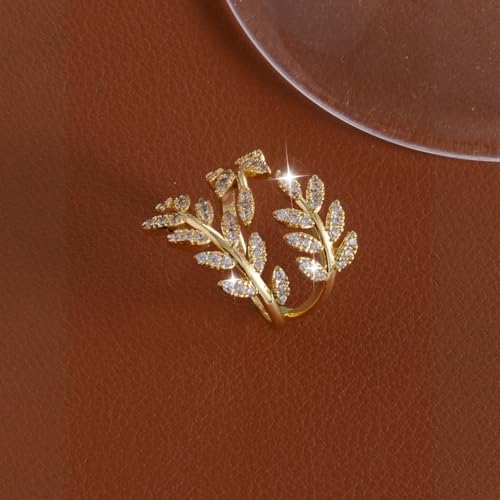 Kokoma Elegant Leaf Wrap Ring for Women Shiny Cubic Zirconia Ring Adjustable Open Finger Band Gold Plated Olive Leaf Rings Wedding Anniversary Chic Jewelry 5