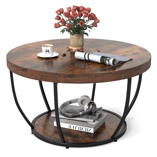 COSTWAY 2-Tier Round Coffee Table with Storage Shelf, Metal Frame Industrial Accent Cocktail Center Unit Sofa Side Tea Table for Living Room, Bedroom and Office, 80x80x45cm, Rustic Brown+Black