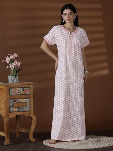 Image of 9shines Label Stylish Chikankari Cotton Nighty Maxi for Women | Full Length Nightgown | Nightdress with Pocket | Embroidery Nighty | Soft Comfortable Cotton Nightwear (1545)