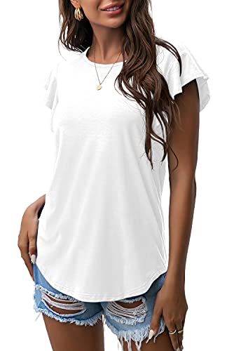 PrinStory Women's Tops Summer Casual Ruffle Short Sleeves Knit Shirts Round Neck Tunic Top For Women 2024 Fashion Trend White