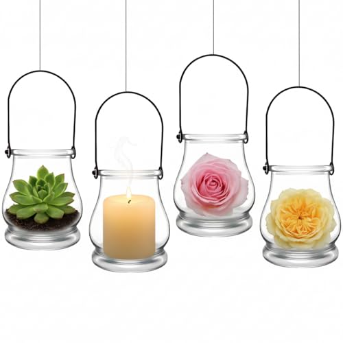 OUNONA Hanging Glass Candlestick Lamp Stand with Handle 3.8 Inch Clear Votive Candle Holder for Home Decor Wedding and Outdoor Use