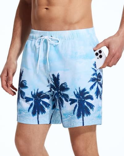 SILKWORLD Mens Swim Trunks with Compression Liner 5.5'' Beach Shorts Swimsuit with Zipper Pockets, Coconut Tree, 3X-Large4