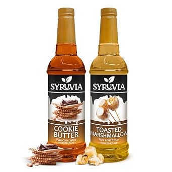 Syruvia Cookie Butter & Toasted Marshmallow Coffee Syrup - 25.4 fl oz. Premium Coffee Flavoring Syrup. Kosher, and Gluten-Free. Ideal for Enhancing Drinks, Sodas, Shakes, Desserts, and More.