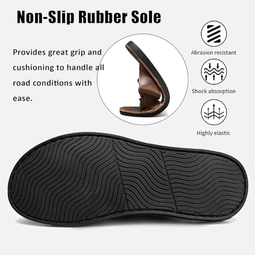 Men's Genuine Leather Braided Flat Slide Sandals Open Toe Lightweight Anti-Slip Slip On Softsole Summer Beach Sandals Indoor Outdoor Casual Slippers4