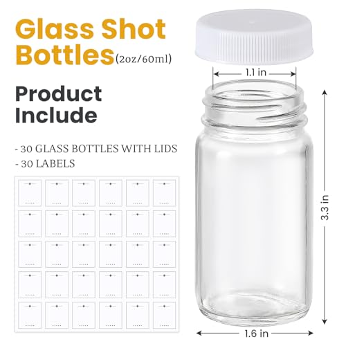 30 Pack 2 oz Glass Shot Bottles w/ White Lids & 30 Labels - Small Clear Jar for Ginger, Wellness Shot, Juice, Sample, Whiskey - Travel Essentials Mini Bottles - Wide Mouth, Leakproof, Dishwasher Safe